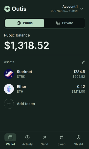 The Public tab: a public balance of $1,318.52 in STRK and ETH.